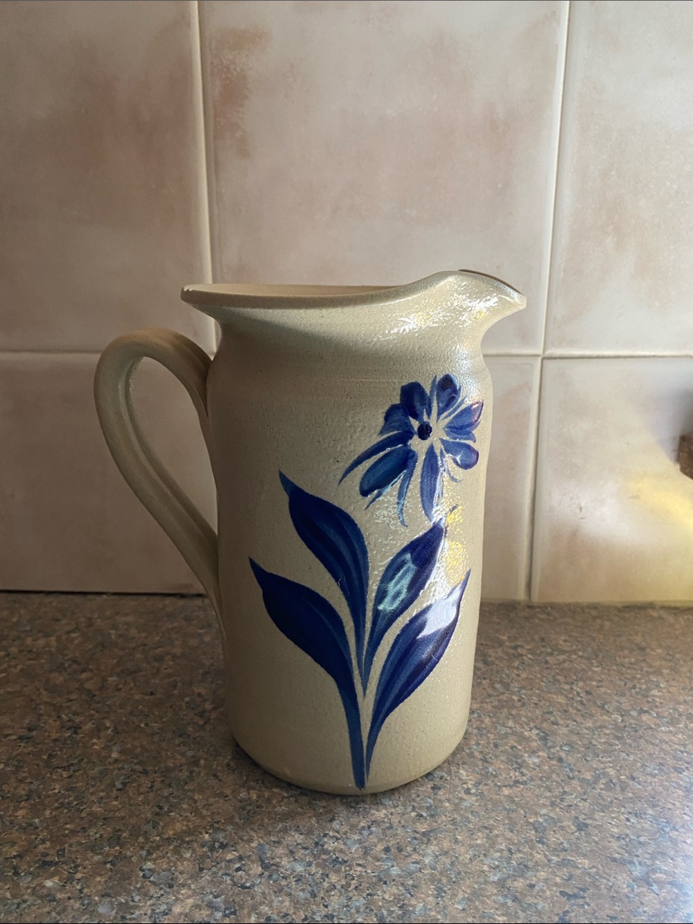 Vintage Williamsburg Pottery Salt Glazed Pitcher w/ Blue  Flower Motif